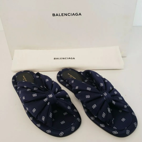 Balenciaga Shoes - Balenciaga Women's BB Printed Satin Slides 38 Navy